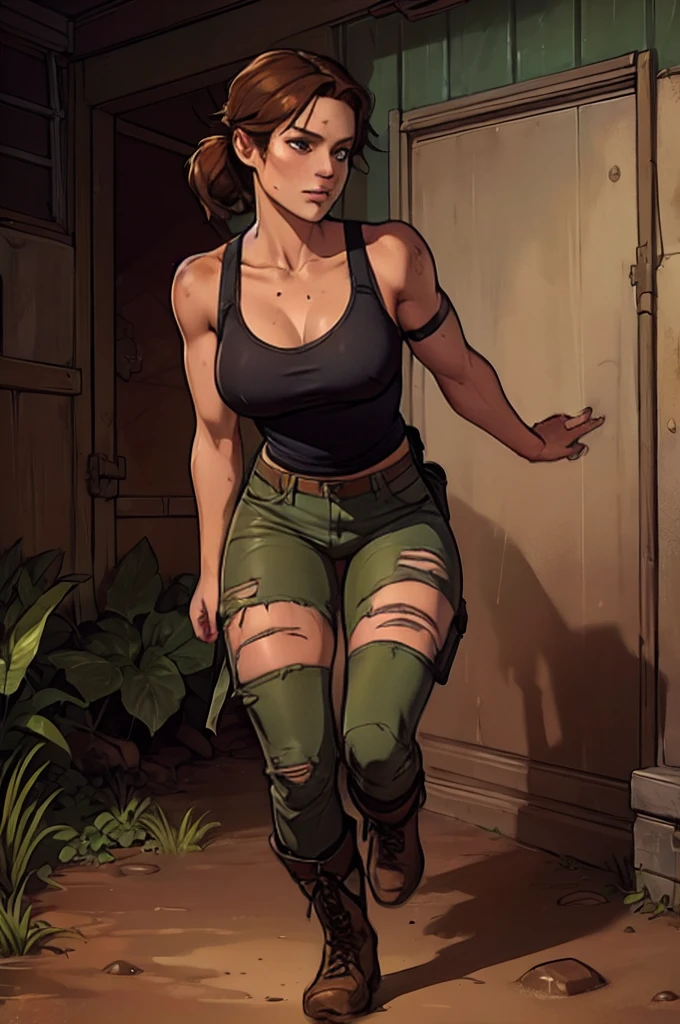 [((1Solo female))], (Lara Croft), ((1animatedgirl)), masterpiece:1.2, best quality), (highly detailed:1.3), in jungle, mud puddles, ripped clothing, scars and cuts on her body, on the move, angry focused face, tomb raider, tight clothing, blood, sweat, wet, worn out ripped kaki pants, worn out brown boots, worn out ripped black tank top, Nsfw, nude, erotic, lewd, full body view, full face view, half naked. Exposing naked body, running from a puma!!. Mud on body.