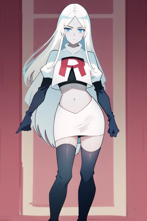 (8k) (high res) (best quality) (masterpiece) blue_diamond, white hair,long hair, blue skin,colored skin,  blue eyes, team rocket,team rocket uniform,white skirt,red letter R,crop top,black thigh-highs,black elbow gloves