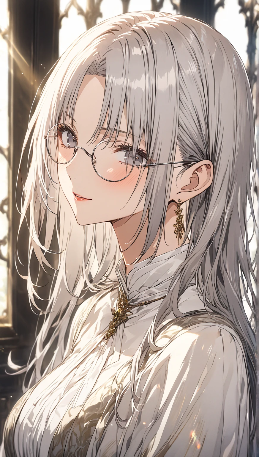 portrait, ((highest quality)), ((masterpiece)), (detailed), (one girl), sexy, shiny skin, glossy skin, big breast, Wearing round glasses, silky silver hair, grey eyes, she has parted bangs, fair, smooth, porcelain-like skin with a natural flush on her cheeks, close mouth, wearing gown, An elegant noble academy setting, illuminated by the golden rays of sunlight streaming through tall arched windows adorned with velvet drapes. The fabric is slightly translucent in the sunlight. ((Depth of field))