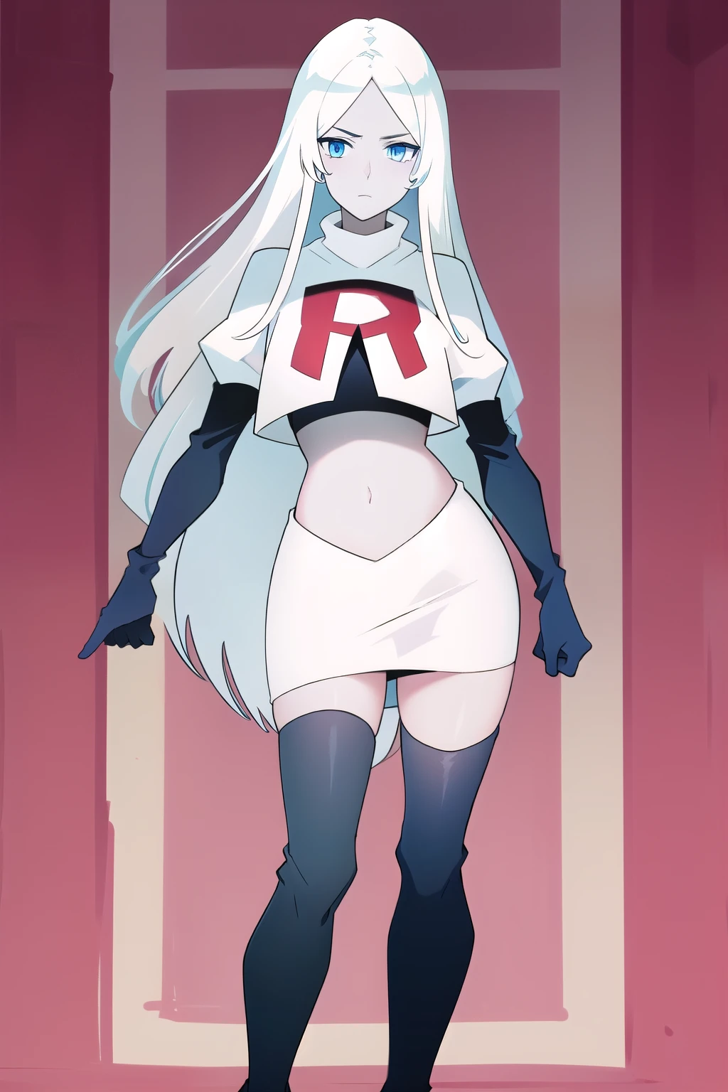 (8k) (high res) (best quality) (masterpiece) blue_diamond, white hair,long hair, blue skin,colored skin,  blue eyes, team rocket,team rocket uniform,white skirt,red letter R,crop top,black thigh-highs,black elbow gloves