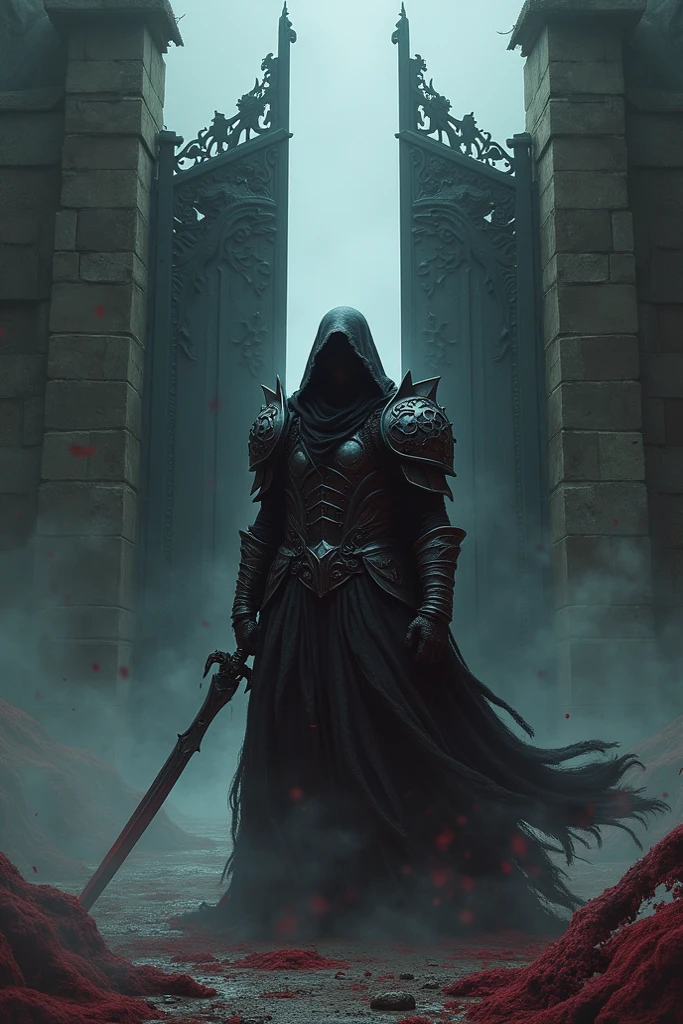 1boy, knight, death_knight, armor, cloak, many_crosses, broken lines, full_moon, long_hair, moon, planted, planted_swords, silhouette, sky, solo, sun, torn_clothes, veil, weapon, spears, torn_clothes, many_details, (high resolution illustration), masterpiece, (muted_colors), (gray scale)