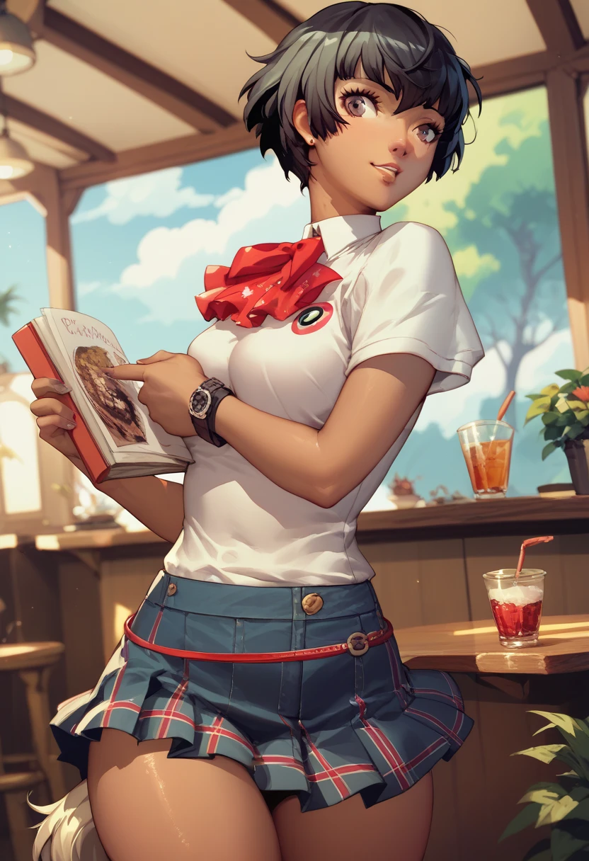 yuko nishiwaki persona 3, Tanned,  short black hair, pony tail