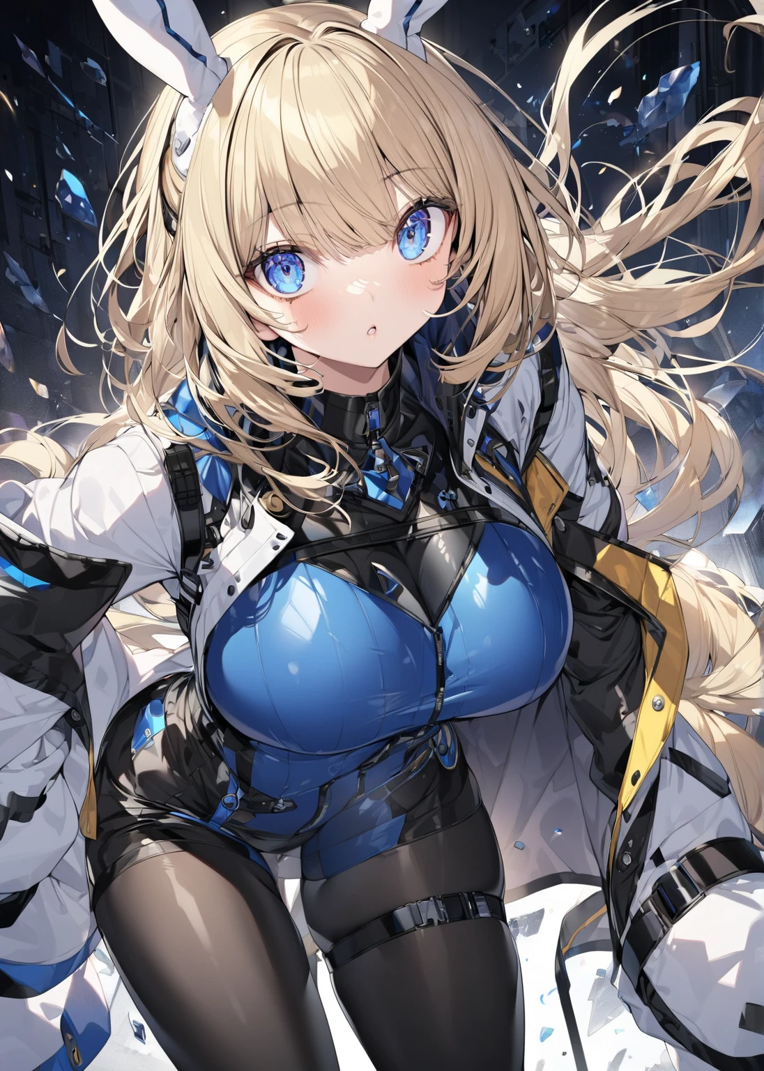 Blonde　 blue eyes　 medium hair　 Big Breasts 　 tight clothes　　 rabbit ears　 dull bangs　 jacket　 black tights