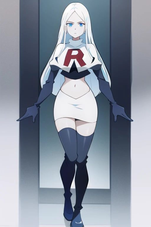 (8k) (high res) (best quality) (masterpiece) blue_diamond, white hair,long hair, blue skin,colored skin,  blue eyes, team rocket,team rocket uniform,white skirt,red letter R,crop top,black thigh-highs,black elbow gloves