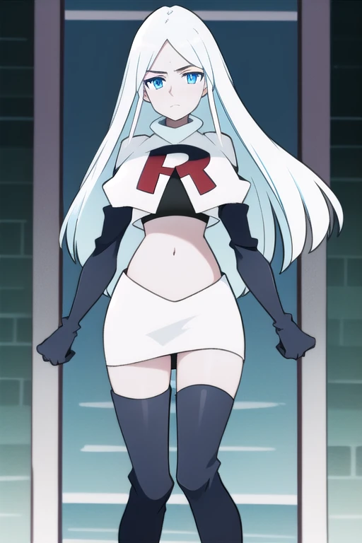 (8k) (high res) (best quality) (masterpiece) blue_diamond, white hair,long hair, blue skin,colored skin,  blue eyes, team rocket,team rocket uniform,white skirt,red letter R,crop top,black thigh-highs,black elbow gloves