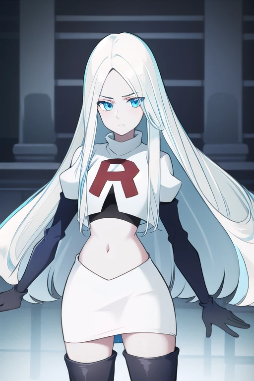 (8k) (high res) (best quality) (masterpiece) blue_diamond, white hair,long hair, blue skin,colored skin,  blue eyes, team rocket,team rocket uniform,white skirt,red letter R,crop top,black thigh-highs,black elbow gloves