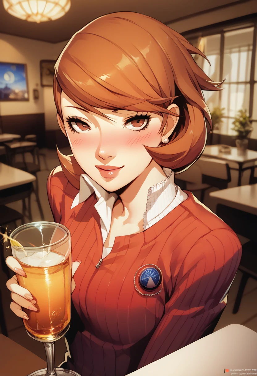 yukari takeba, person 3, beautiful,  short brown hair , School clothes,  drinking alcohol, Hotel room alone,  very drunk