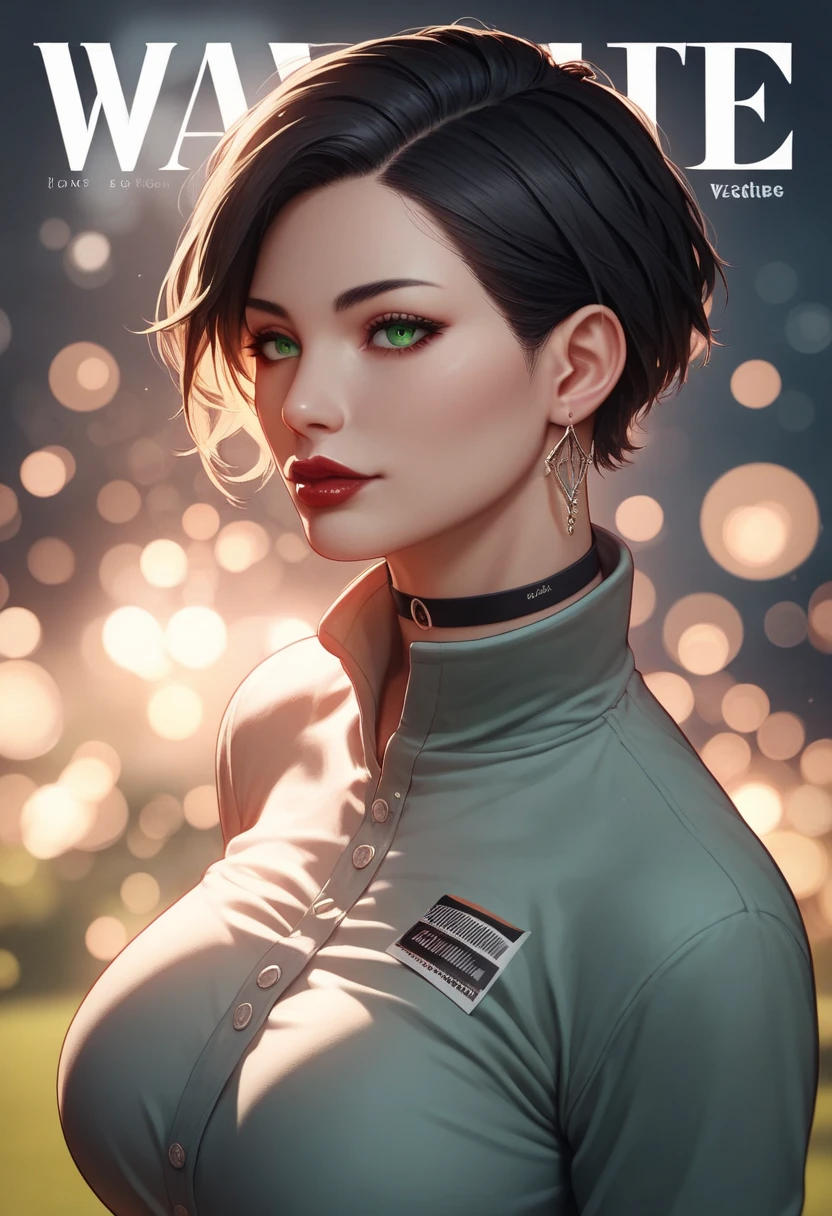  portrait ,  magazine cover, outdoors, bokeh background,  depth of field , Beautiful woman red lips ,  very short black hair ,  green eyes, choker, earrings,  long sleeve polo shirt with high collar black, ( big breasts) ( masterpiece) , ( The best quality ), absurd, intricate details, ( highly detailed skin ),