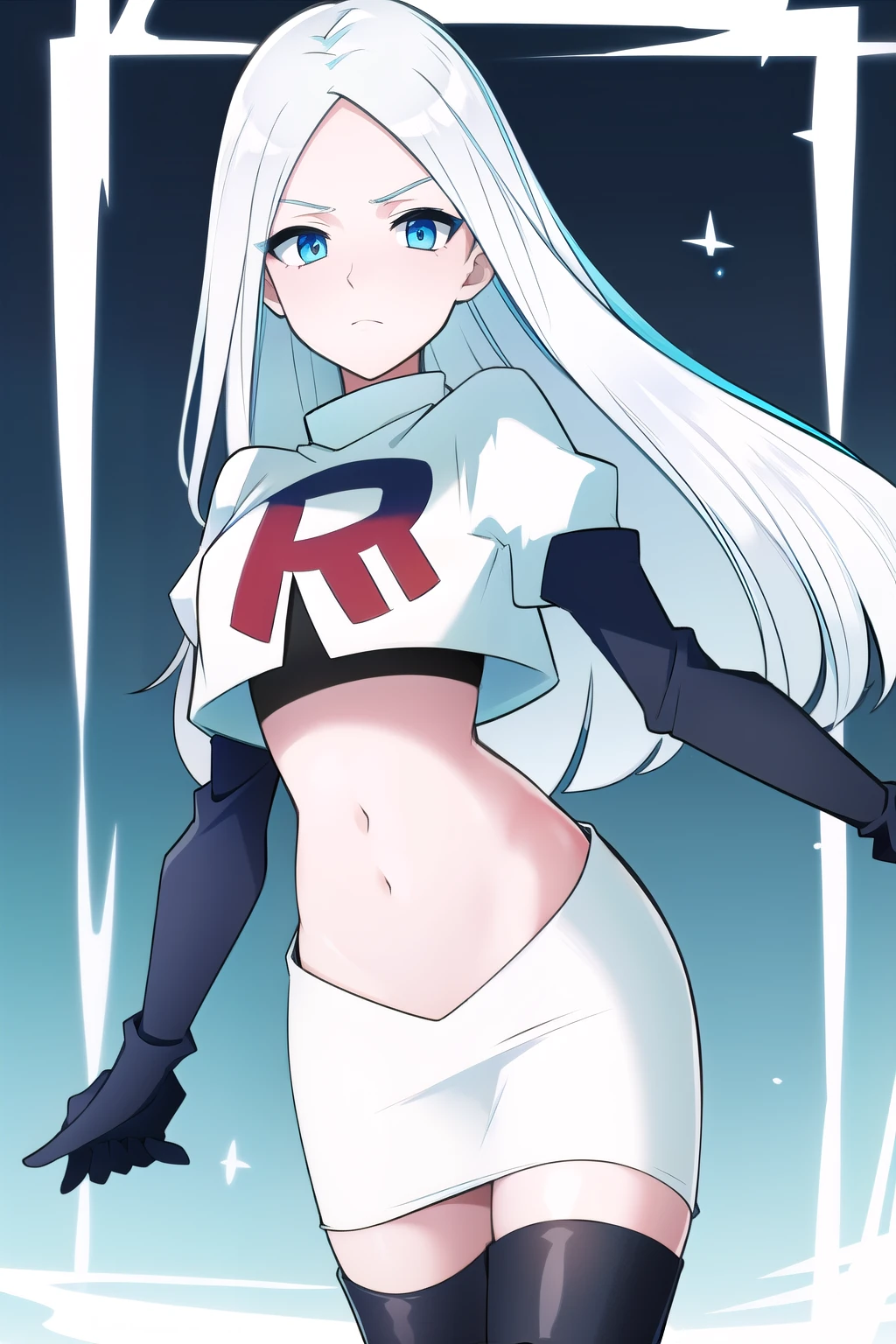 (8k) (high res) (best quality) (masterpiece) blue_diamond, white hair,long hair, blue skin,colored skin,  blue eyes, team rocket,team rocket uniform,white skirt,red letter R,crop top,black thigh-highs,black elbow gloves