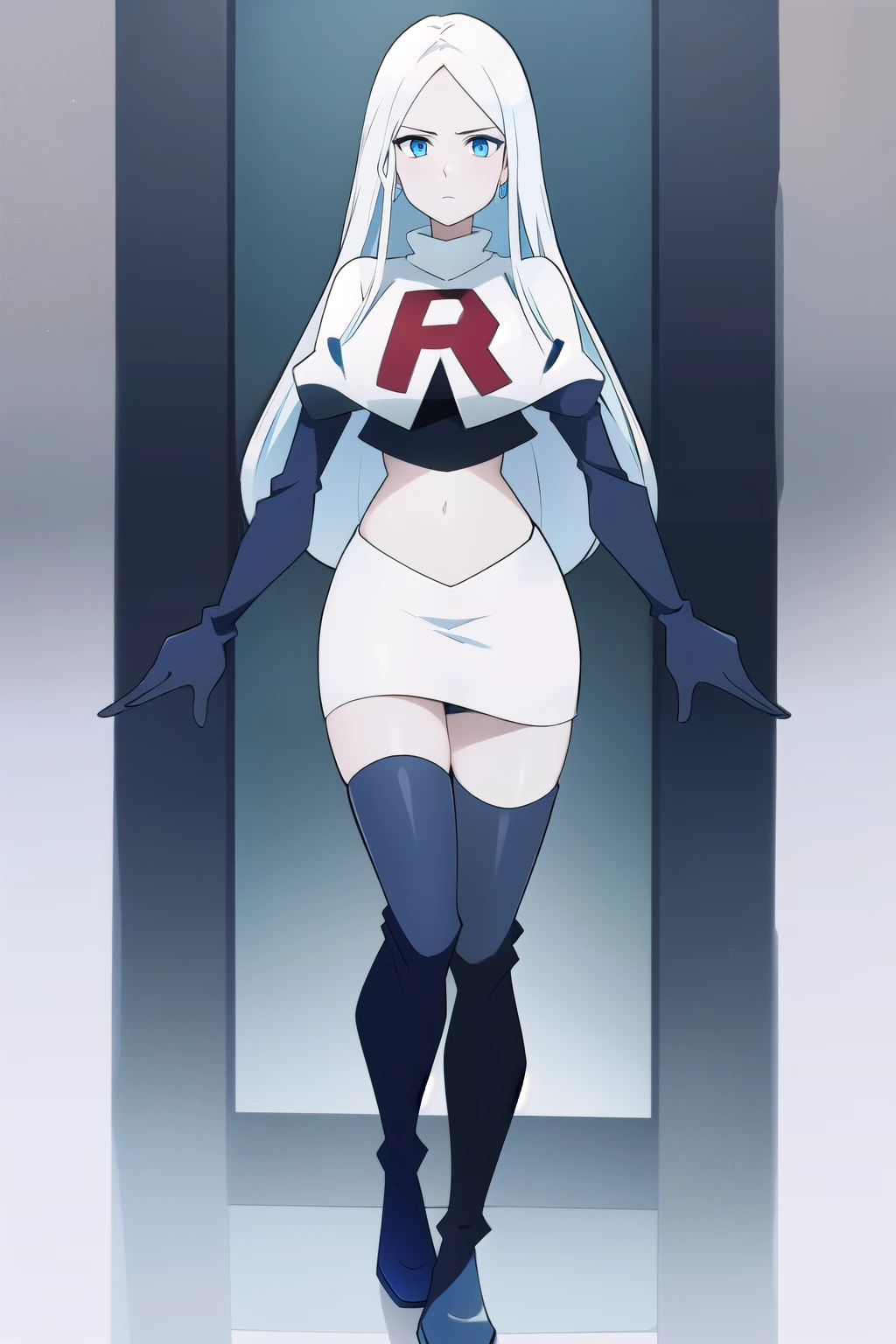 (8k) (high res) (best quality) (masterpiece) blue_diamond, white hair,long hair, blue skin,colored skin,  blue eyes, team rocket,team rocket uniform,white skirt,red letter R,crop top,black thigh-highs,black elbow gloves