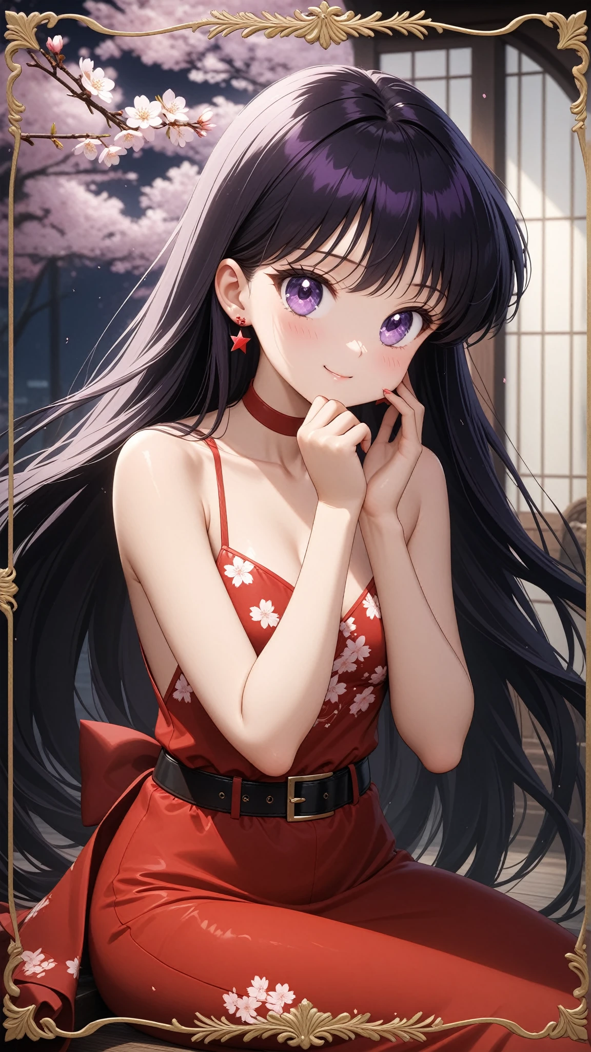 (masterpiece, best quality, very aesthetic , ultra detailed), intriguing details , 4K, long hair, black hair, hair combed to the side, earrings, purple eyes, small breast, hand on own face, 1girl, usagi's birthday, cute red long dress with neck, white cherry blossoms printed, smile, black belt, detailed background, intricate details, black night, Various sexy poses, Depicts the whole body, photo borders