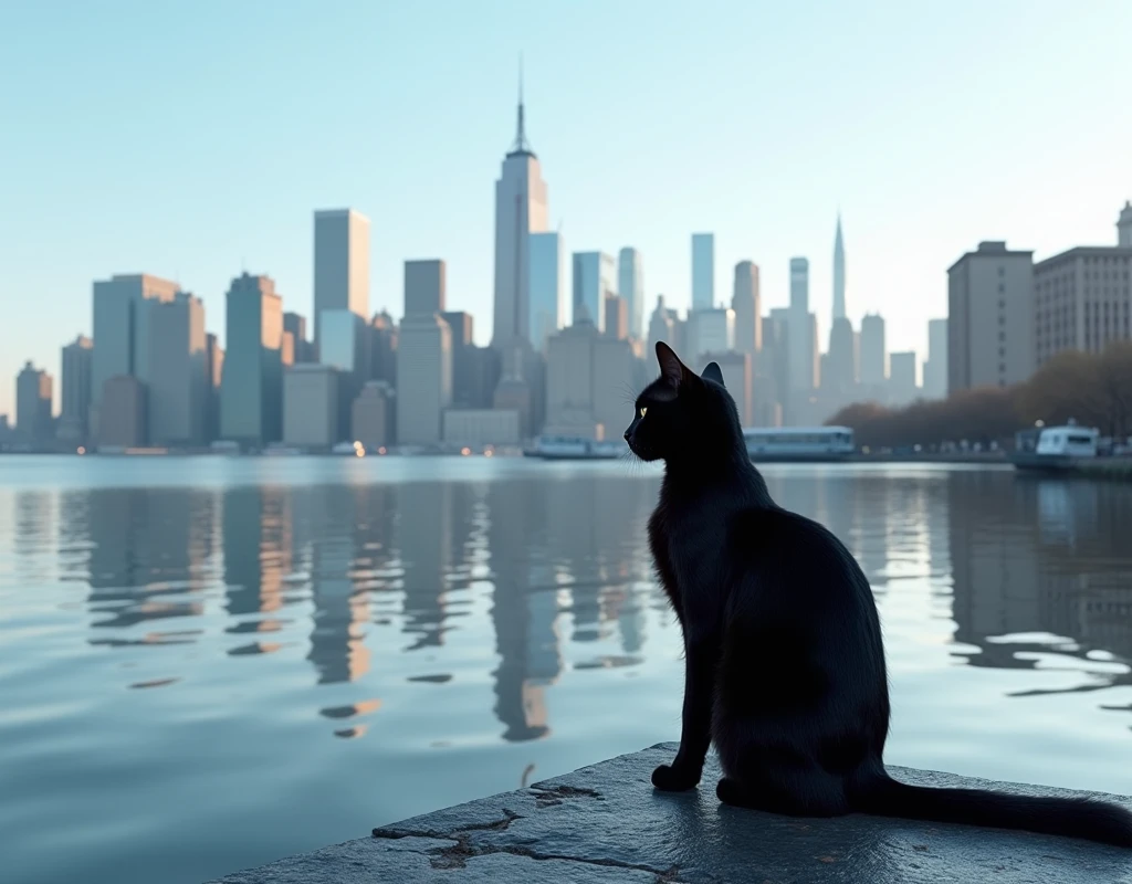 Realistic, theme is "city reflected on the water surface", the clear skyline of New York City is reflected on the water surface in the background, a beautiful black cat with nice fur sitting on the pier in the foreground, the black cat is looking towards the city, sophisticated design, advanced lighting technology, real photo 8K quality