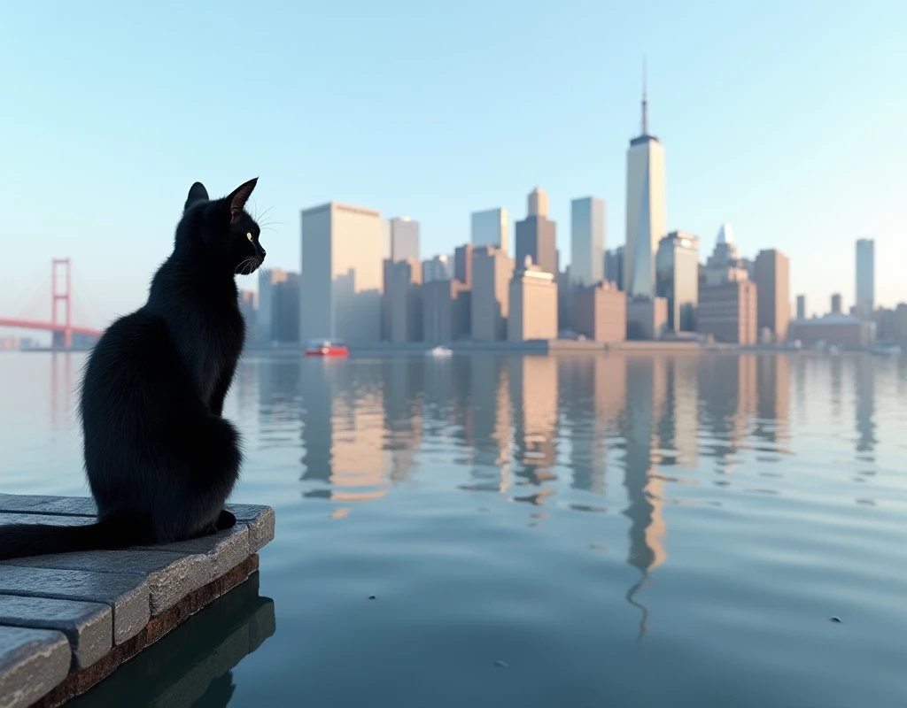 Realistic, theme is "city reflected on the water surface", the clear skyline of New York City is reflected on the water surface in the background, a beautiful black cat with nice fur sitting on the pier in the foreground, the black cat is looking towards the city, sophisticated design, advanced lighting technology, real photo 8K quality