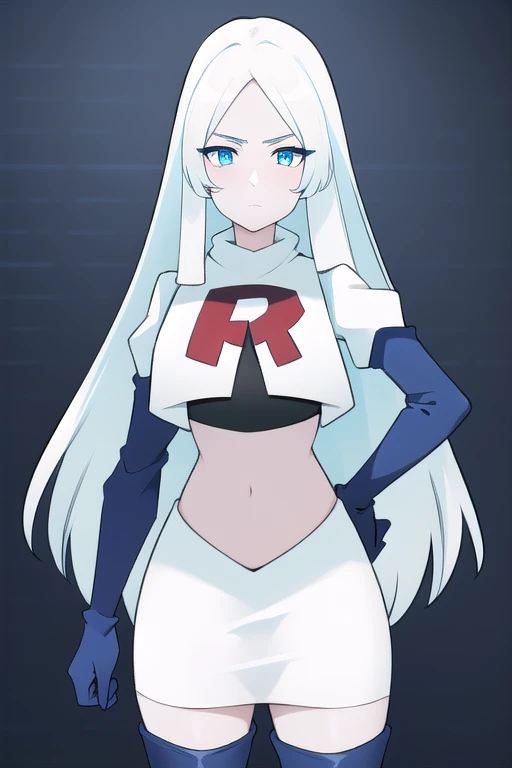 (8k) (high res) (best quality) (masterpiece) blue_diamond, white hair,long hair, blue skin,colored skin,  blue eyes, team rocket,team rocket uniform,white skirt,red letter R,crop top,black thigh-highs,black elbow gloves