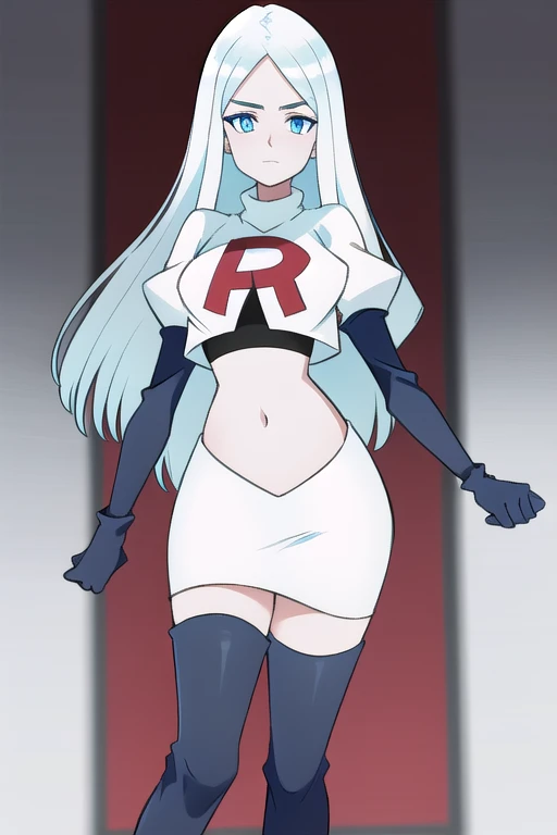 (8k) (high res) (best quality) (masterpiece) blue_diamond, white hair,long hair, blue skin,colored skin,  blue eyes, team rocket,team rocket uniform,white skirt,red letter R,crop top,black thigh-highs,black elbow gloves