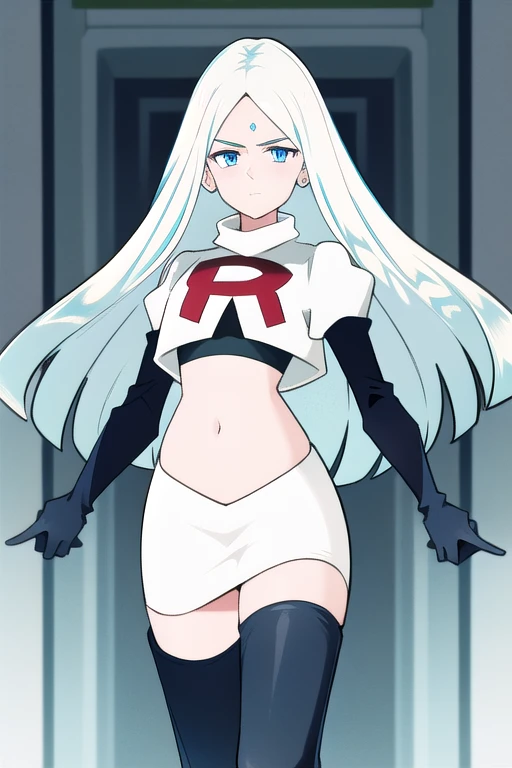 (8k) (high res) (best quality) (masterpiece) blue_diamond, white hair,long hair, blue skin,colored skin,  blue eyes, team rocket,team rocket uniform,white skirt,red letter R,crop top,black thigh-highs,black elbow gloves