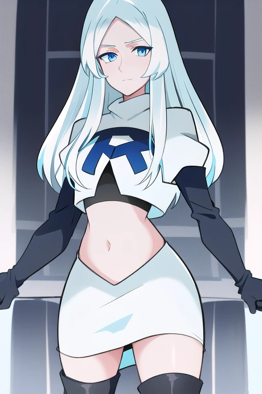 (8k) (high res) (best quality) (masterpiece) blue_diamond, white hair,long hair, blue skin,colored skin,  blue eyes, team rocket,team rocket uniform,white skirt,red letter R,crop top,black thigh-highs,black elbow gloves