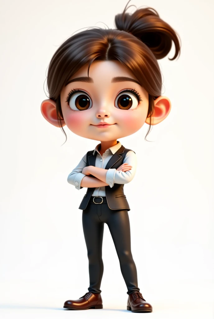 a cute cartoon character in professional outfit, standing full body shot, highly detailed, 4K, 8k, photorealistic, masterpiece, vibrant colors, dynamic lighting, soft ambient lighting, clean professional look, stylized, dynamic pose, confident expression, detailed facial features, big expressive eyes, detailed hair, sharp focus, seamless blending, studio quality background all white boy leather shoes chunky