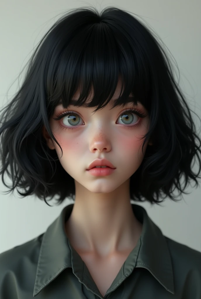 Create an image of a character with big black hair up to the shoulder and light gray eyes a teenager 