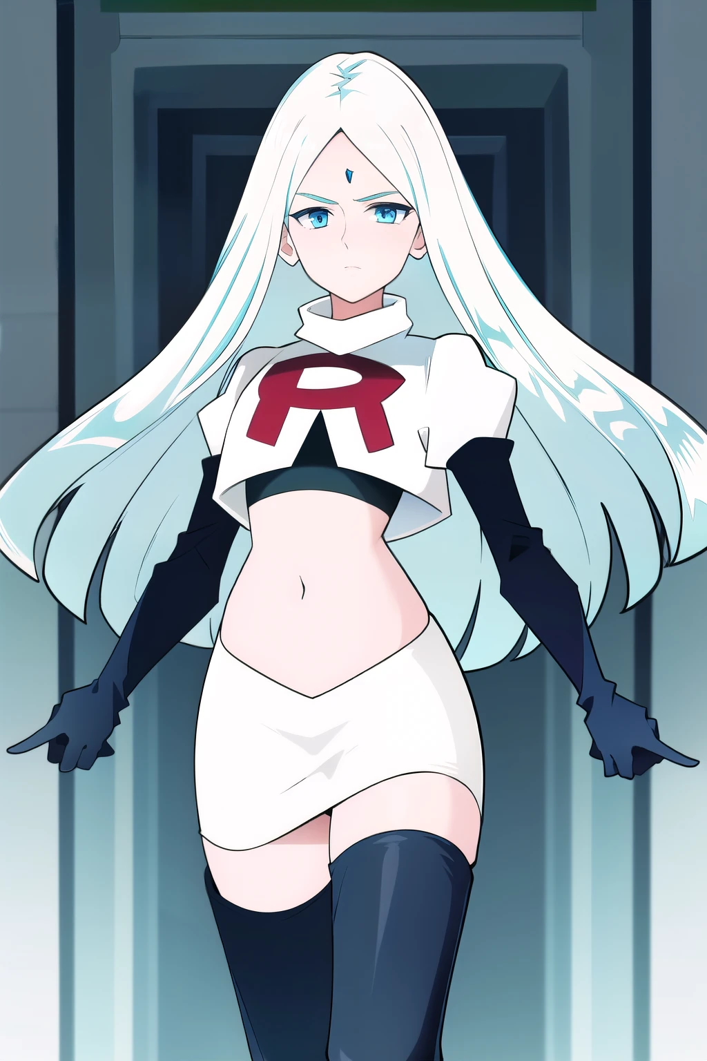 (8k) (high res) (best quality) (masterpiece) blue_diamond, white hair,long hair, blue skin,colored skin,  blue eyes, team rocket,team rocket uniform,white skirt,red letter R,crop top,black thigh-highs,black elbow gloves