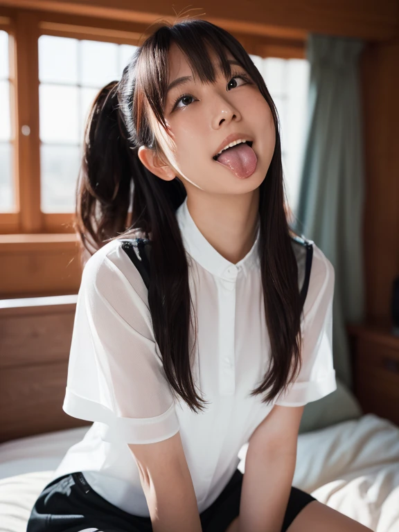 Top quality、Excellent detail、Extremely detailed depiction、((Raw photo))、Delicate skin,((arms up behind)),Ultra-high resolution、Photorealistic,Bright lighting、(ish Japanese woman)、Hair up、Mischievous Smile、short tongue、(looking at the camera:1.1),sheer shirt,mini skirt,sit down,