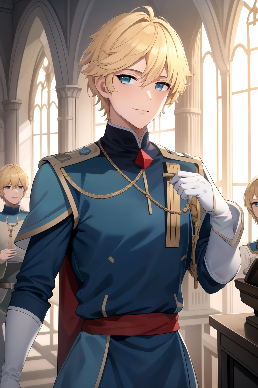  masterpiece,  The best quality ,  lyrics, 1 , Alone, male focus,  looking at the spectator, upper body, nine_alfa, blonde hair, Medieval Prince Charming clothes, blue clothes, friendly smile