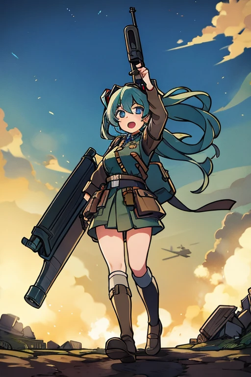 Miku in WW1 soldier uniform holding a big gun above the trenches in a tower