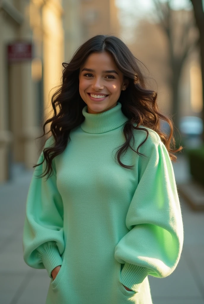 Realistic photo of a beautiful c4m1l4m woman,1girl,solo,looking at viewer,smile,short hair,simple background,black hair,brown eyes,jewelry,upper body,earrings,character name,sweater,purple background,realistic,green shirt,green sweater, soft lighting, professional Photography, Photorealistic, detailed, RAW, analog, sharp focus, 8k, HD, high quality, masterpiece<lora:c4m1l4m:1.0>