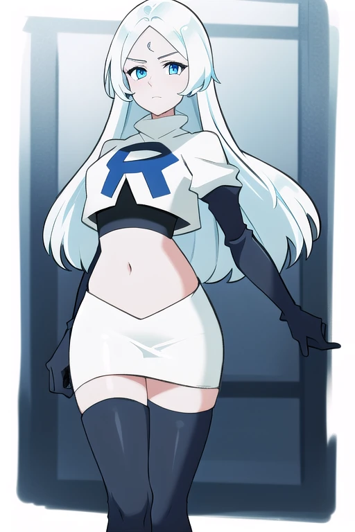 (8k) (high res) (best quality) (masterpiece) blue_diamond, white hair,long hair, blue skin,colored skin,  blue eyes, team rocket,team rocket uniform,white skirt,red letter R,crop top,black thigh-highs,black elbow gloves