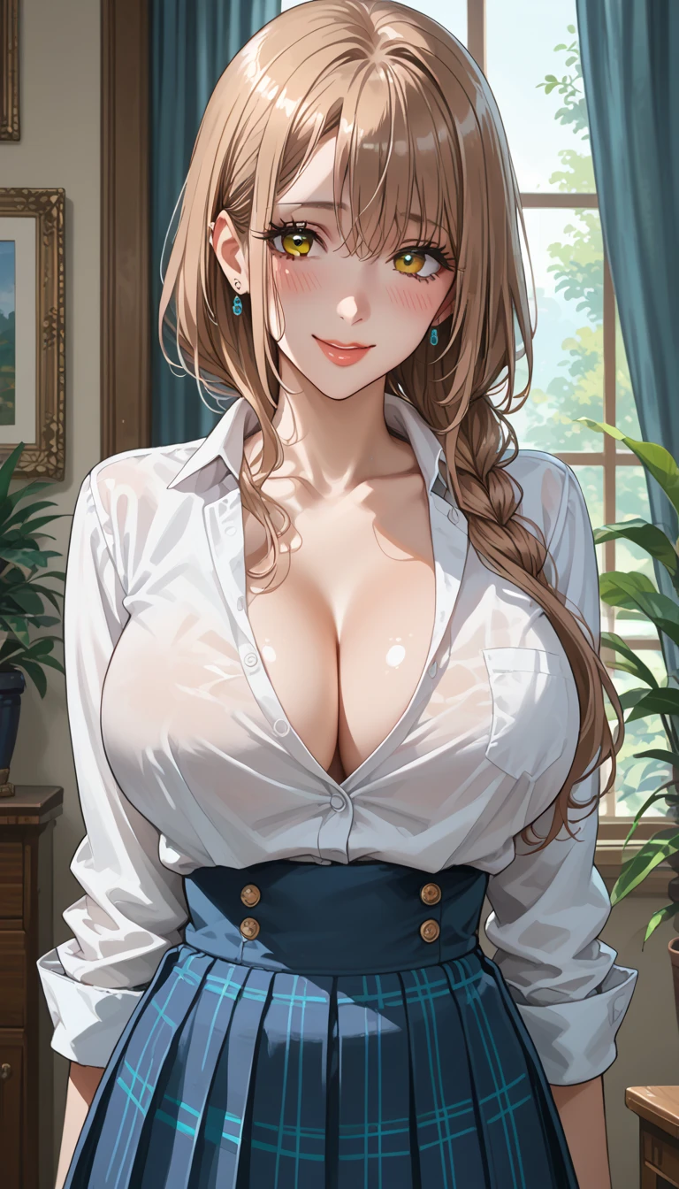 ,score_9, score_8_up, score_7_up, score_6_up, score_4,source_anime,masterpiece,best quality,beautiful detailed eyes, pale brown eyes ,beautiful detailed lips, extremely detailed eyes and face, long breasts, 1 woman,shy, Smile, school uniform, large breasts, tight waist, stylish body, room, ecstatic expression, flushed face, Take a picture of the back