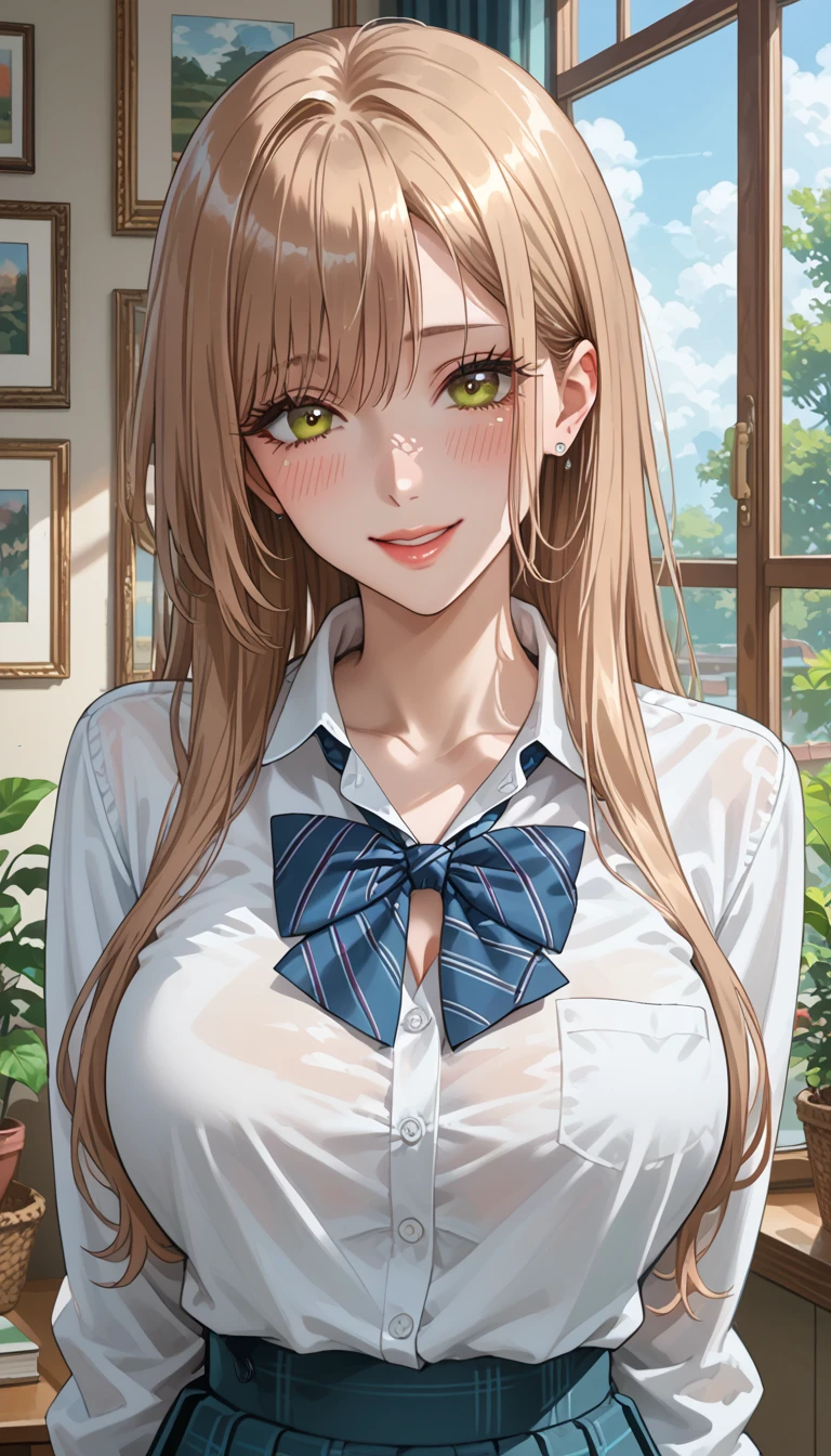  score_8_up, score_7_up, score_6_up, score_4,source_anime,masterpiece,best quality,beautiful detailed eyes, pale brown eyes ,beautiful detailed lips, extremely detailed eyes and face, long breasts, 1 woman,shy, Smile, school uniform, large breasts, tight waist, stylish body, room, ecstatic expression, flushed face, Take a picture of the back