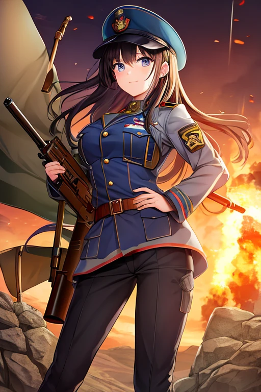 Yubin Niku in WW1 soldier uniform holding a big gun above the trenches in a tower