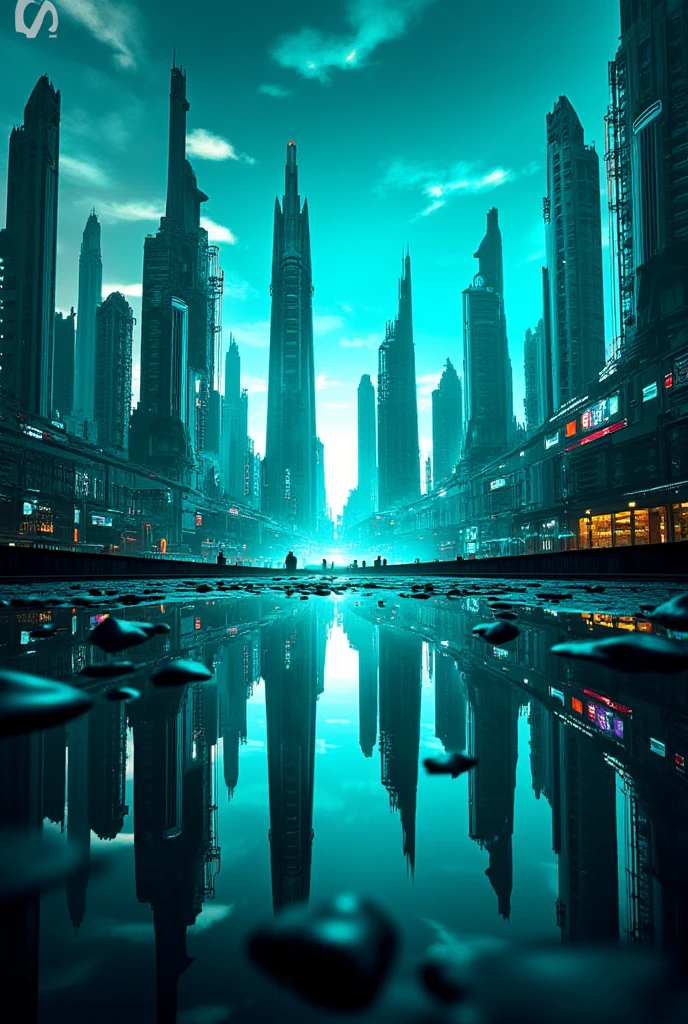 ( pictures of futuristic cities looking up)、Tilt up、( very detailed:1.2)、( Complex future skyscrapers in the background:1.1)、( Future City reflected in a puddle :1.5)、 neon color 、blue、green、Mobile motion trajectory 、Precise Details 、( global lighting)、 high definition 、 film grain