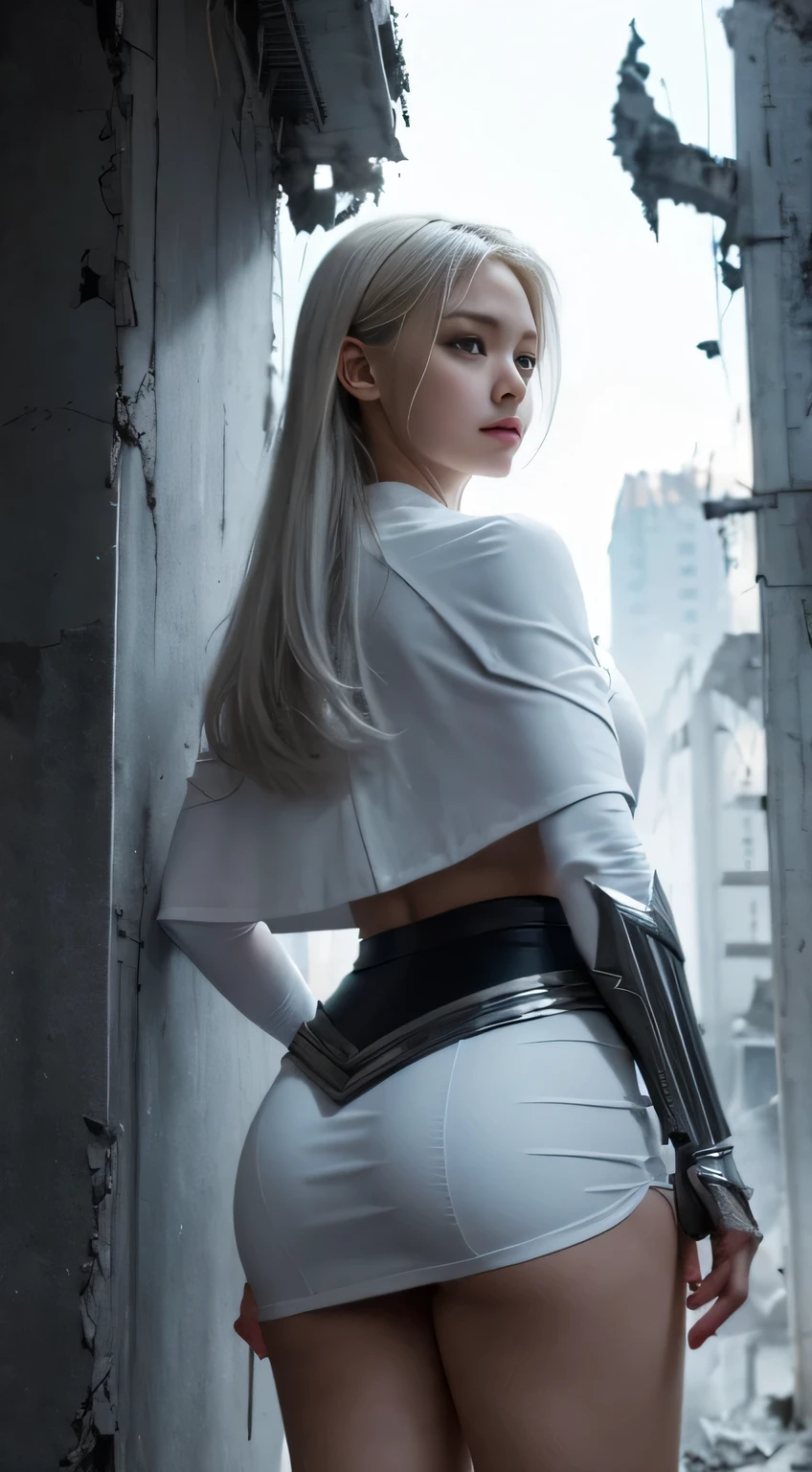 (White Superhero Theme Supergirl),( Apocalyptic city destroyed:1.4),(superchica:1.4), (gray white hair ),More detailed 8K.unreal engine:1.4,UHD,La Best Quality:1.4, photorealistic:1.4, skin texture:1.4, Masterpiece:1.8,first work, Best Quality,object object], (detailed face features:1.3), (Detailed hands:1.4),  with skirt and cape waliking in apocalyptic mecha destroyed city view from behind looking over her sholder