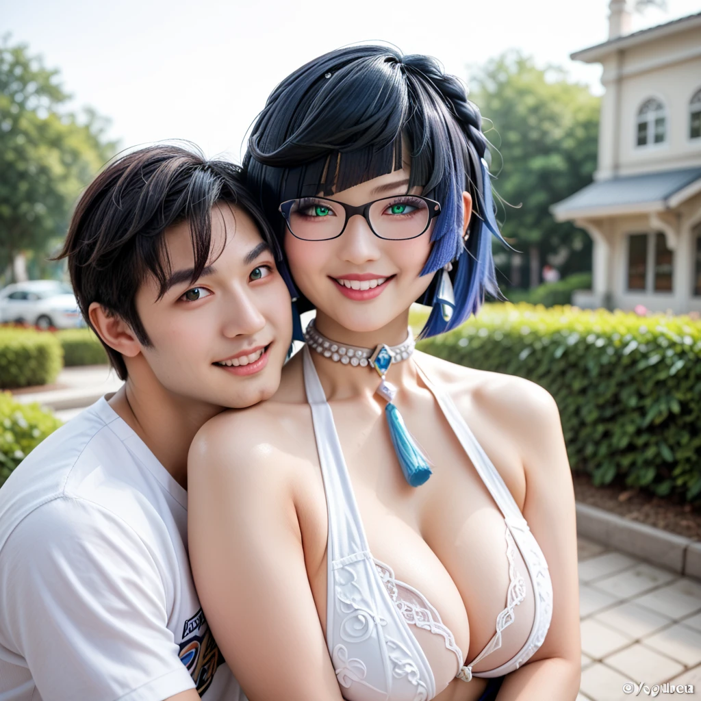 ((Yelan cosplay)) with a ((short slender weak otaku man with glasses and closed lip smile) smiling for a photo, perfect face, sexy lips, sexy female, thicc, huge round ass, huge round breasts, high close shot of skin, 1boy and 1girl posing for a picture ((standing next to each other and looking at viewer)), fully clothed, outdoors shorter asian male and taller female