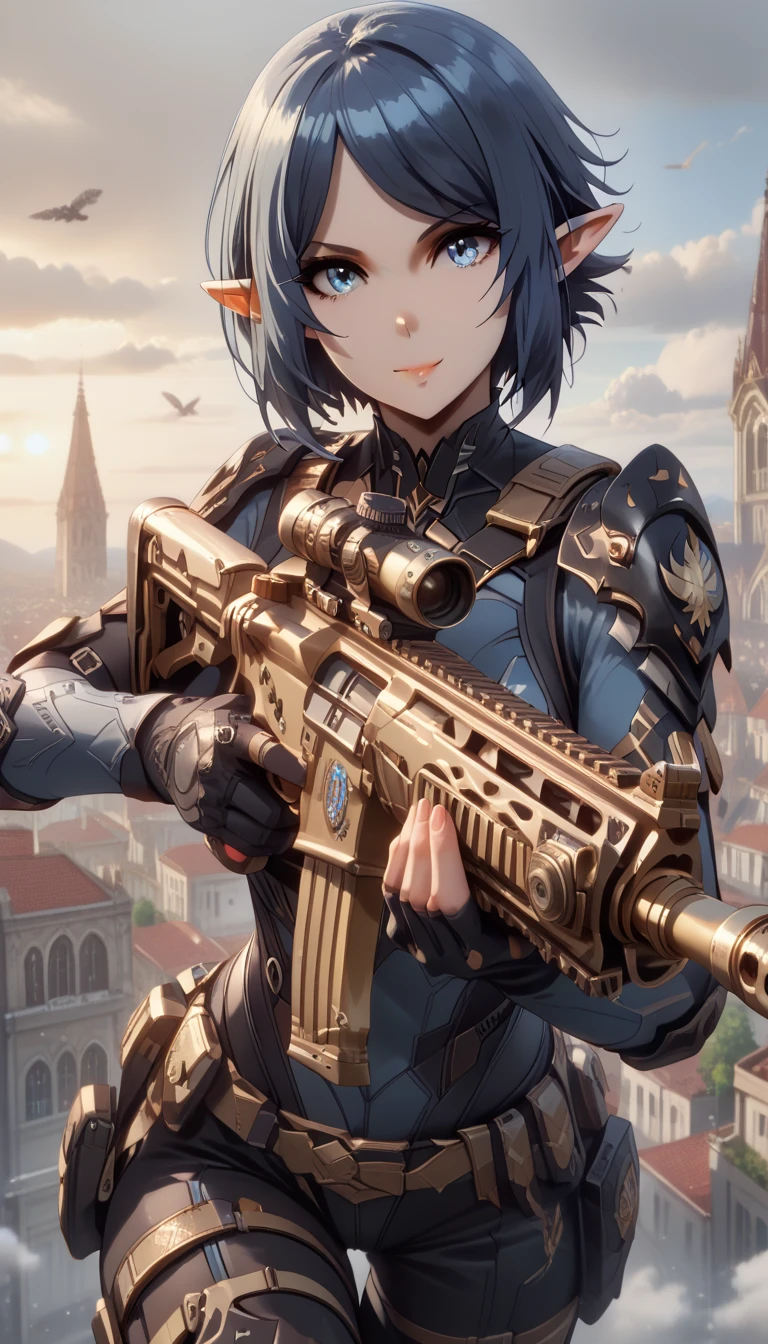 ultra-detailed, 1girl, no664, elf, ((masterpiece)), (best quality), (highres), 16K, perfect face, short hair, blue eyes, blue hair, pointy ears, black leotard, tactical belt, knee pads, elbow gloves, busty body, large breasts and a beautiful ass, showcasing cleavage, legs, hips, holding assault rifle, looking at viewer, smile, detailed whole body, rooftop background