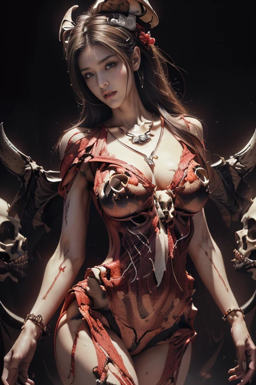 A Strawberry, ((Masterpiece, top quality, high resolution, highly detailed CG unified 8K wallpaper)), (huge stunning goddess shot, very hot and sexy, jaw-dropping beauty, perfect proportions, beautiful body, slim body beauty:1.3), (dynamic pose, dynamic composition),(demon skull head necklace:1.5),