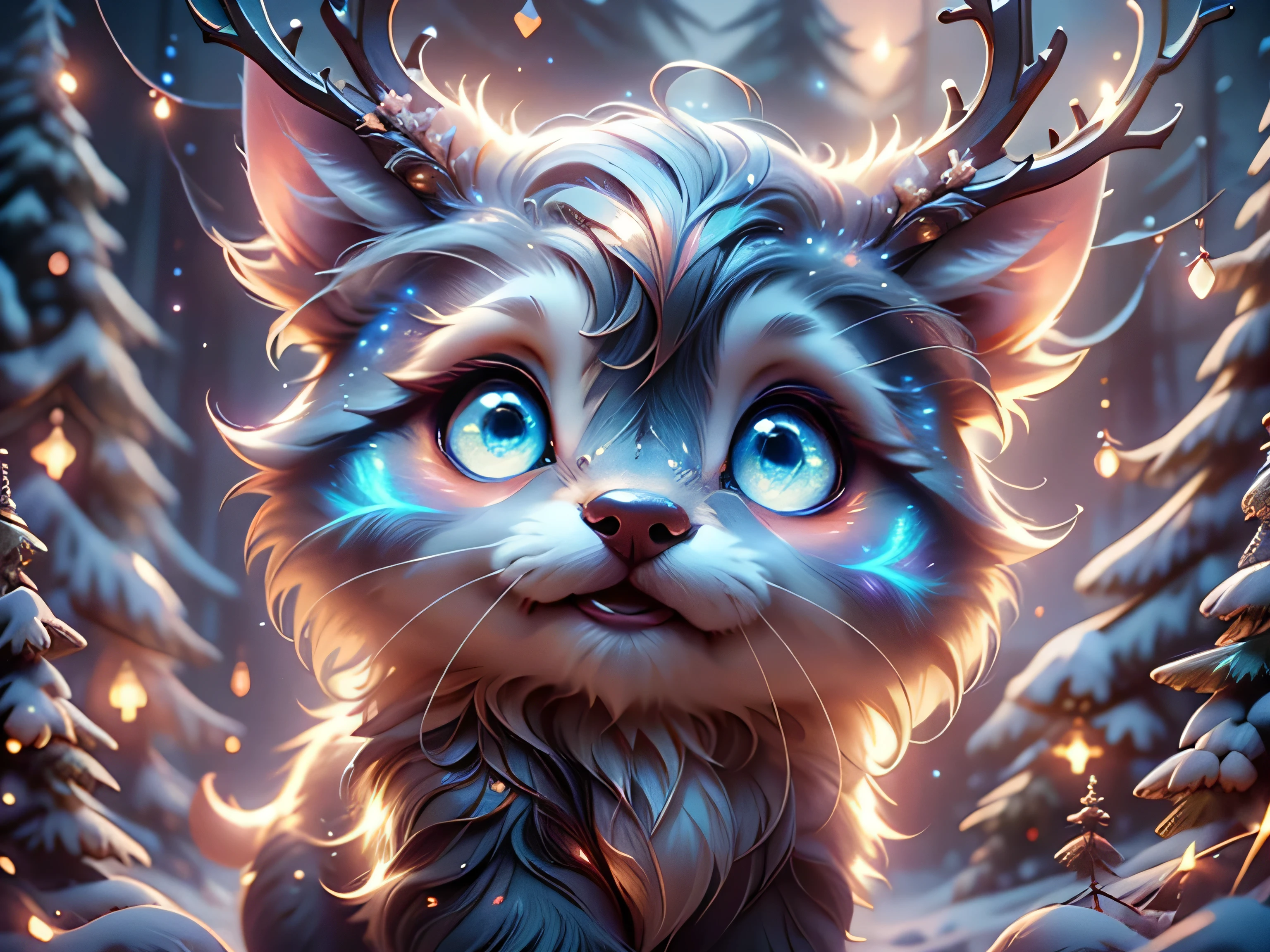 Magical Fantasy Creature, (Best Quality, Masterpiece, Representative Work, Official Art, Professional, Super Detailed, 8k:1.3), (Photorealism:1.2) Super Cute, Big Eyes, Soft, Soft Nose, Fluffy, Two-Toothed Smile, Reindeer on Natural Background, Realistic, Beautiful, Stars in Eyes, Soft Volumetric Light, (Backlight:1.3), (Cinematic:1.2), Intricate Details, (ArtStation:1.3), --auto --s2