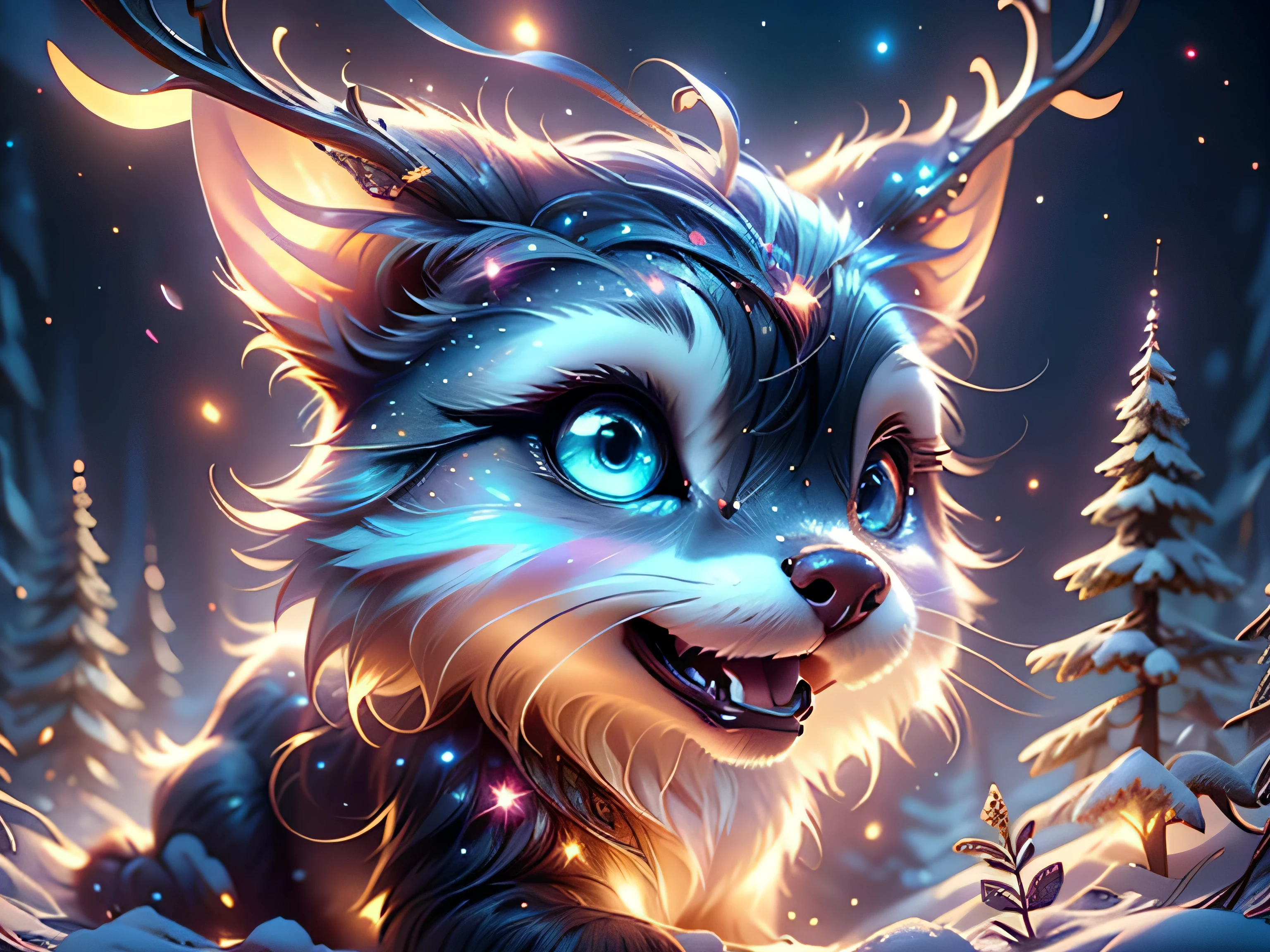 Magical Fantasy Creature, (Best Quality, Masterpiece, Representative Work, Official Art, Professional, Super Detailed, 8k:1.3), (Photorealism:1.2) Super Cute, Big Eyes, Soft, Soft Nose, Fluffy, Two-Toothed Smile, Reindeer on Natural Background, Realistic, Beautiful, Stars in Eyes, Soft Volumetric Light, (Backlight:1.3), (Cinematic:1.2), Intricate Details, (ArtStation:1.3), --auto --s2