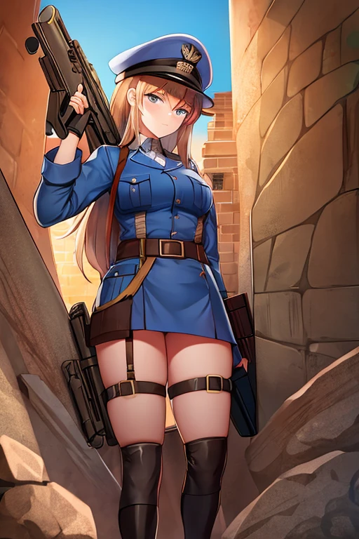 MS Fortune in WW1 soldier uniform holding a big gun above the trenches in a tower