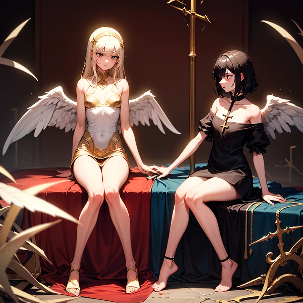 (superflat, masterpiece, flat shading, flat colors:1.1), Cinematic shot, Masterpiece, echo style, horny, female teacher humiliating two girls on a leash, ((3 females, multiple females)), european, (3 beautiful females, lesbian orgy), ((humiliating, fingering, humiliation, humiliated, golden halo, halo)), (chained, tied, golden chain, golden dildo, penetration, chain around bodies , chained collar, handcuffs, rough:1.4), leather gloves, leather, slim, lingerie underwear, silk bra, lingerie stockings, angel wings, (cold light, cold blue tones), flat blue background, highly detailed, from below