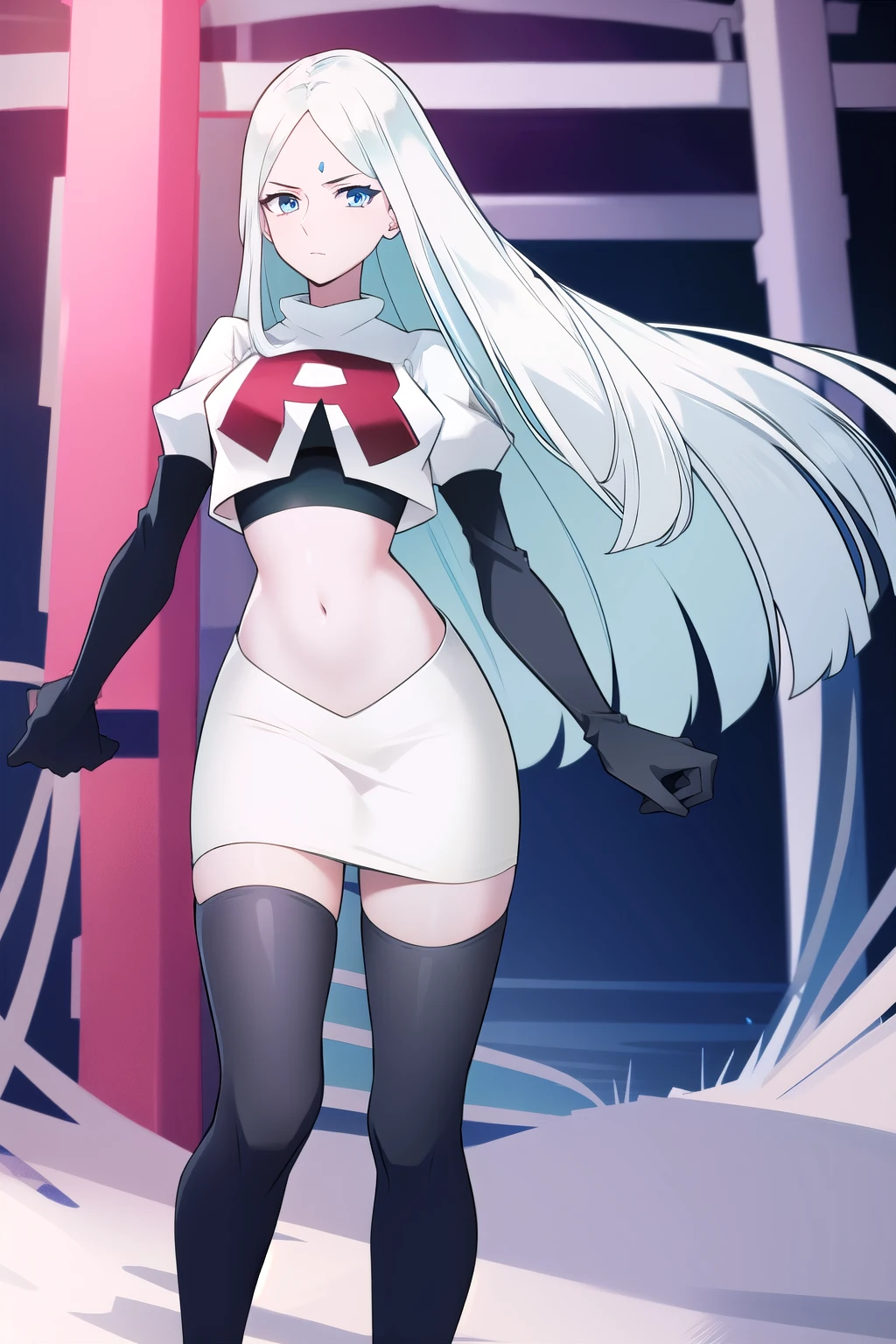 (8k) (high res) (best quality) (masterpiece) blue_diamond, white hair,long hair, blue skin,colored skin,  blue eyes, team rocket,team rocket uniform,white skirt,red letter R,crop top,black thigh-highs,black elbow gloves