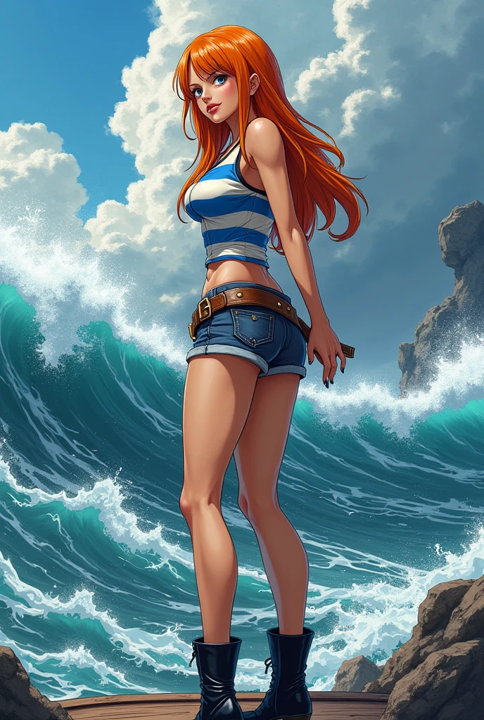 masterpiece, (Realistic:1.5), Highest quality, Beautiful lighting, Real Life, US \(one piece\), (only solo people ), 2 or more people NG, (perfect anatomy) , beautiful , , , Floating Hair, Long Orange Hair, Brown eyes, , Exposing shoulders , shoulder tattoo, large breasts , Cleavage, Slim waist, smile, , standing alone , Sweat-soaked skin, , low rise jeans, , , 比基尼(micro, green, top only , ), full body angle, Wearing high heels, Detailed high heels, Bangles, bangs, Earrings, , bracelet, between legs, green belt, jewelry, Log Pause, belly button, , , , , , blue sky, cloud, big pirate ship on the sea, , ,Detailed footwork , , , Complex, Attention to detail, Sharp focus, dramatic, (RAW Photos, 8k Ultra HD, Film Grain), Caustics, Scattered beneath the surface, reflection