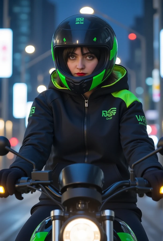 Highest image quality, outstanding details, ultra-high resolution, (realism: 1.4), the best illustration, favor details, highly condensed 1girl, with a delicate and beautiful face, dressed in a black and green mecha, wearing a mecha helmet, holding a directional controller, riding on a motorcycle, the background is a high-tech lighting scene of the future city.