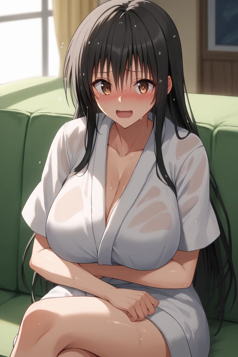 yui kotegawa, black hair, brown eyes, long hair, huge breasts, embarrassed smile, open mouth, blush, wet shiny skin, bathrobe, elbow rest, sitting, crossed legs, from front, looking at viewer, indoor, sofa, private room, masterpiece, best quality, ultra-detailed, high resoolution, 8K, detailed background, dynamic moving, detailed face, anime,