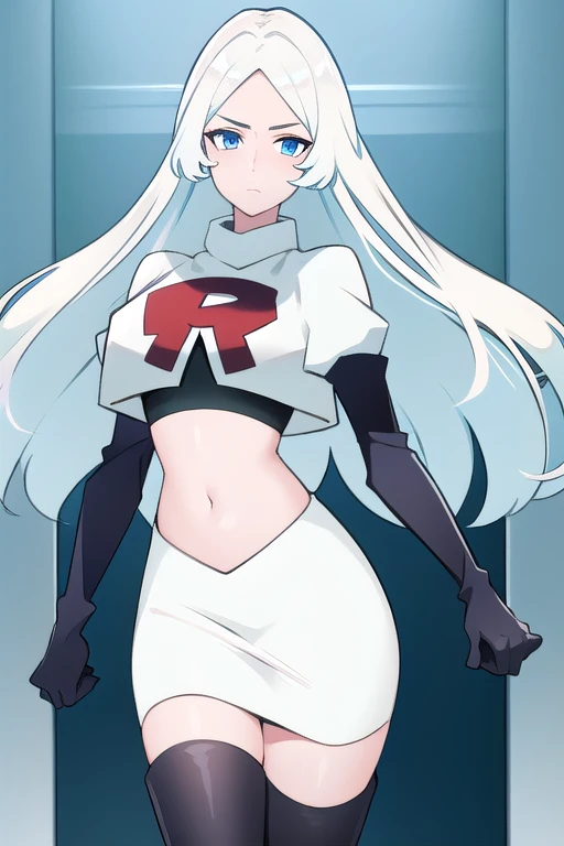 (8k) (high res) (best quality) (masterpiece) blue_diamond, white hair,long hair, blue skin,colored skin,  blue eyes, team rocket,team rocket uniform,white skirt,red letter R,crop top,black thigh-highs,black elbow gloves