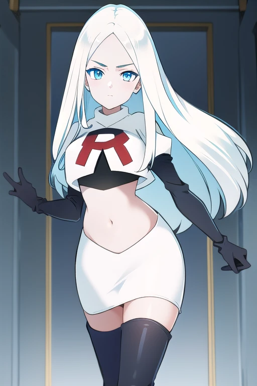 (8k) (high res) (best quality) (masterpiece) blue_diamond, white hair,long hair, blue skin,colored skin,  blue eyes, team rocket,team rocket uniform,white skirt,red letter R,crop top,black thigh-highs,black elbow gloves