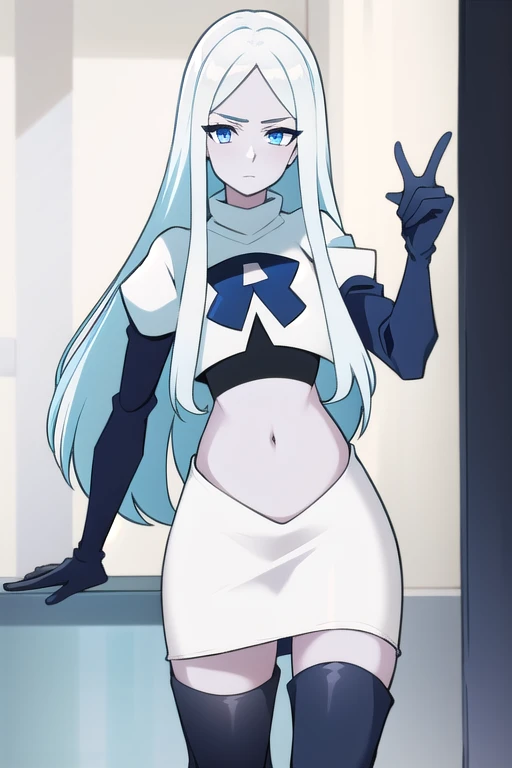 (8k) (high res) (best quality) (masterpiece) blue_diamond, white hair,long hair, blue skin,colored skin,  blue eyes, team rocket,team rocket uniform,white skirt,red letter R,crop top,black thigh-highs,black elbow gloves