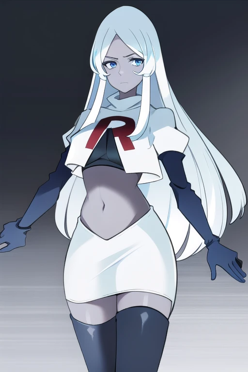 (8k) (high res) (best quality) (masterpiece) blue_diamond, white hair,long hair, blue skin,colored skin,  blue eyes, team rocket,team rocket uniform,white skirt,red letter R,crop top,black thigh-highs,black elbow gloves