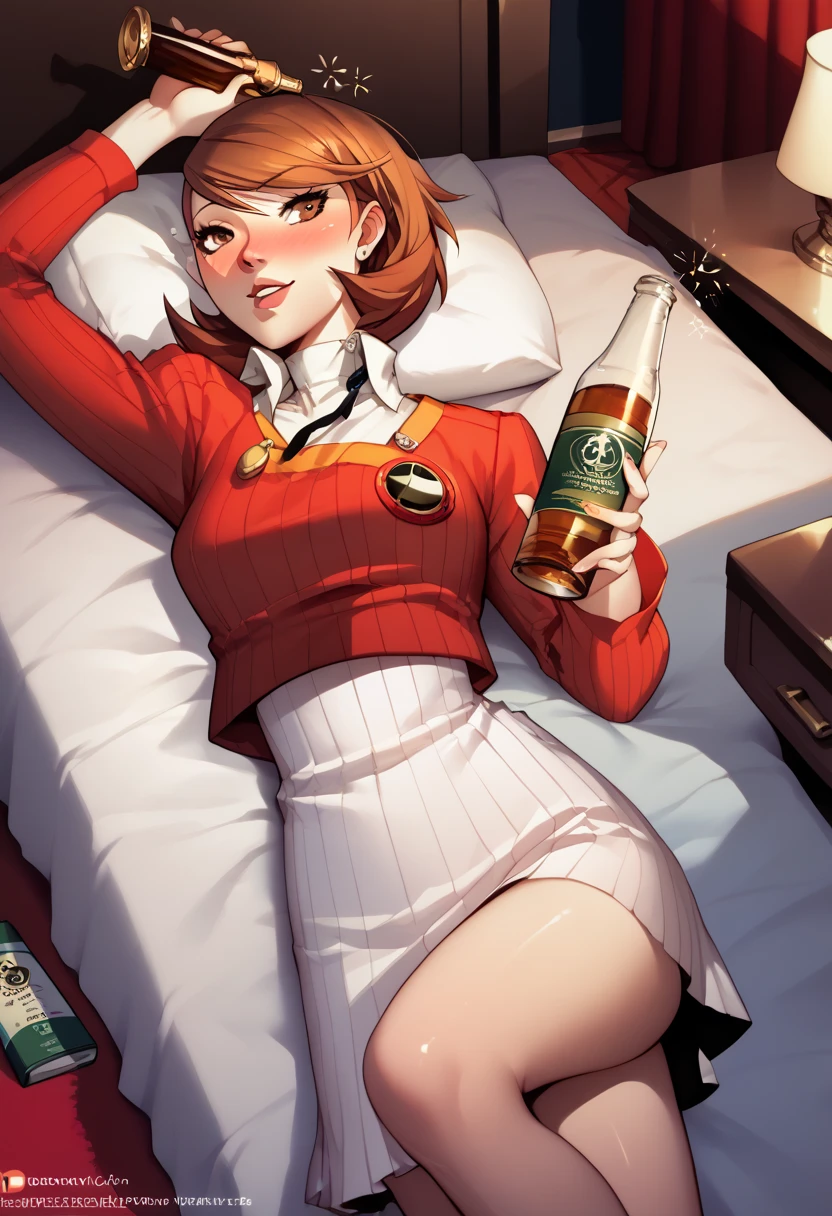 yukari takeba, person 3, beautiful,  short brown hair , School clothes,  Hotel room alone,  very drunk,lying down, Spreading the legs